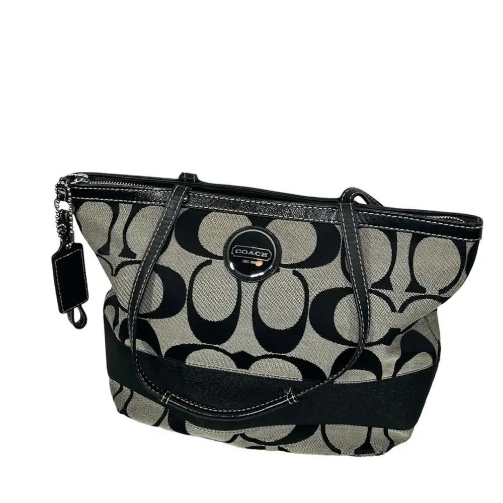 Coach Vintage Signature Canvas Tote Black Khaki Large - Picture 9 of 12